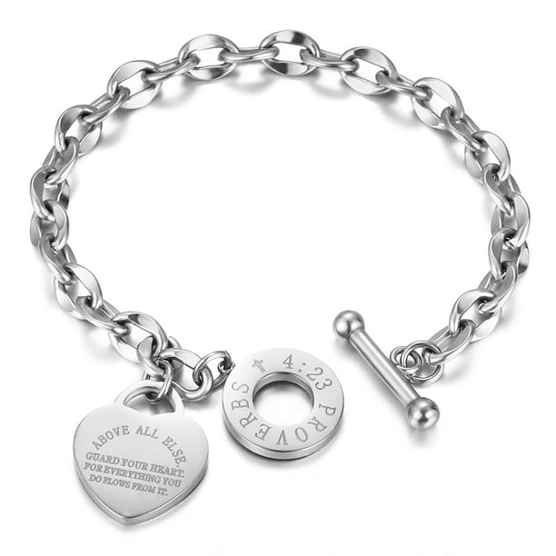 Pulsera de eslabones grabados de acero inoxidable con hebilla OT para mujeres y niñas