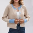 thumbnail image 5 of VISALY Cropped Cardigan Crewneck Cardigan Womens Cropped Cardigan Sweaters Button Down Open Front Long Sleeve Fall Trendy Color Block Knit Coats Office Cardigans Winter Cardigan Beige L, 5 of 9