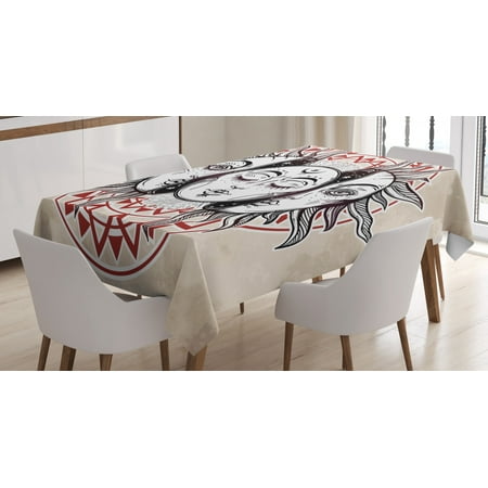 

Moon Tablecloth Oriental Eastern Culture Elements with Abstract Style Heavenly Bodies Tattoo Style Rectangular Table Cover for Dining Room Kitchen 60 X 90 Inches Tan Black Ruby by Ambesonne