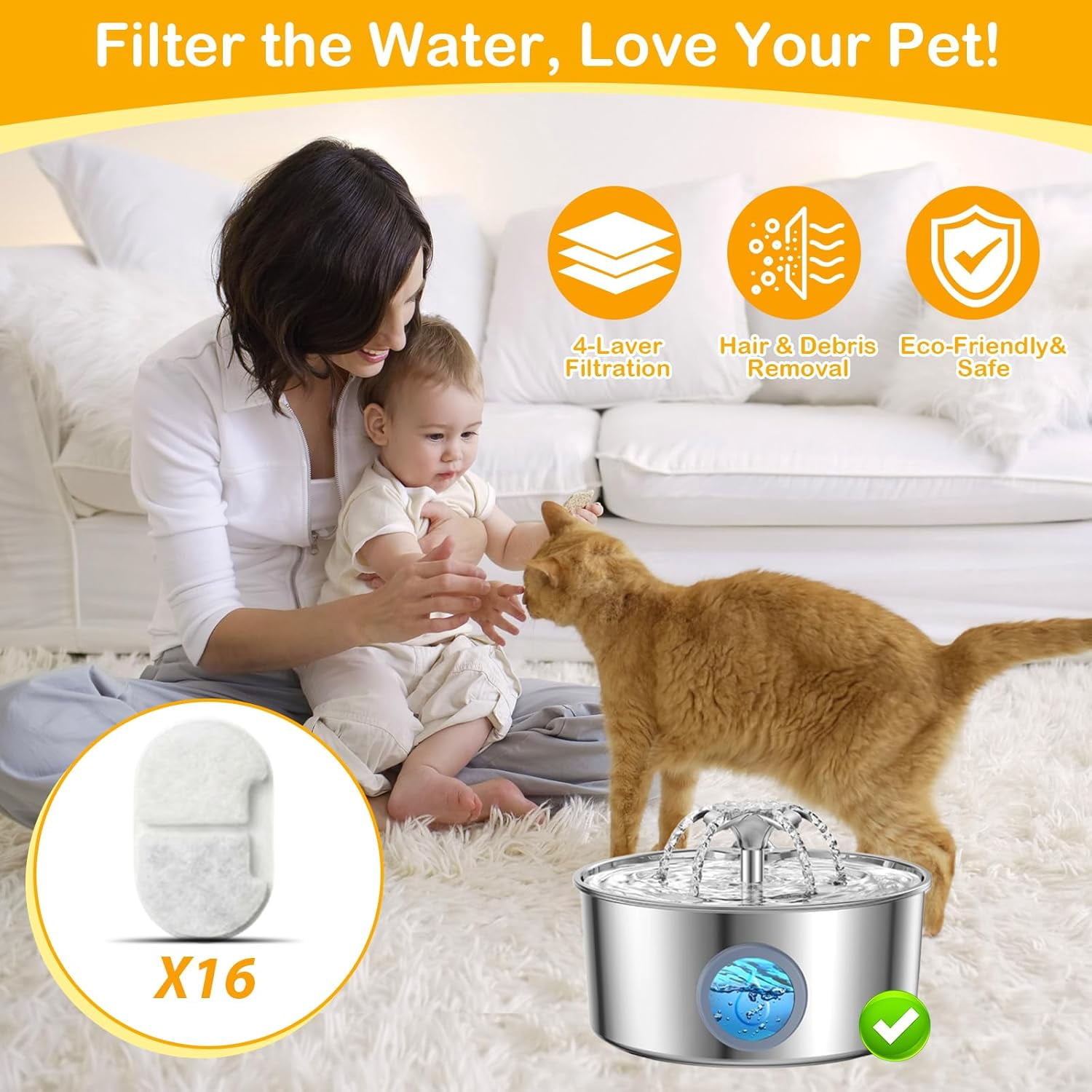 JJEAN-16+16 Pack Replacement Filters for LucidShine 108oz/3.2L Stainless Steel Cat Water Fountain, Includes 16 Filters & 16 Sponges