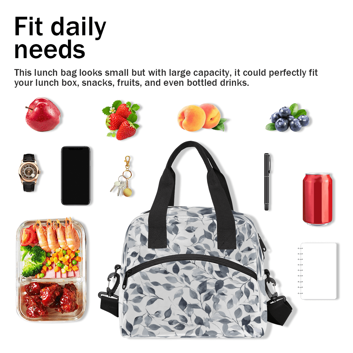 Herdesigns Gray and White Insulated Lunch Bag for Women Men Adults Large Reusable Lunch Box Leaves Leakproof Cooler Tote Bags with Adjustable Shoulder Strap