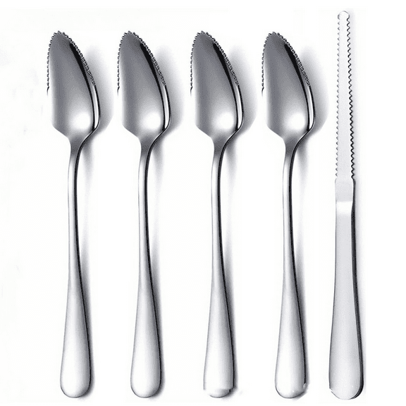 5Pcs Grapefruit Spoons Serrated Edge Grapefruit Knife Set, Stainless Steel Grapefruit Utensil Tool Dessert Spoons for Citrus Lemon Kiwi Salads Melon Lime Pitaya Apple Fruit Puree (Silver)