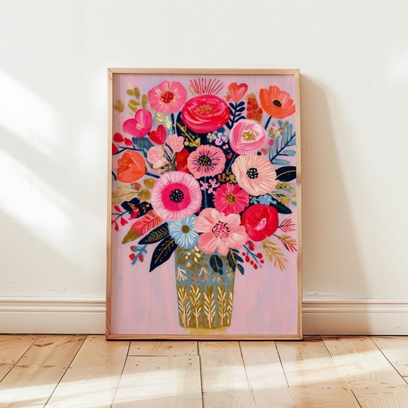 Colorful Folk Art Flower Bouquet Poster, Whimsical Floral Wall Art, Valentine’S Day And Spring Home Décor, Unframed Poster Size 8x12