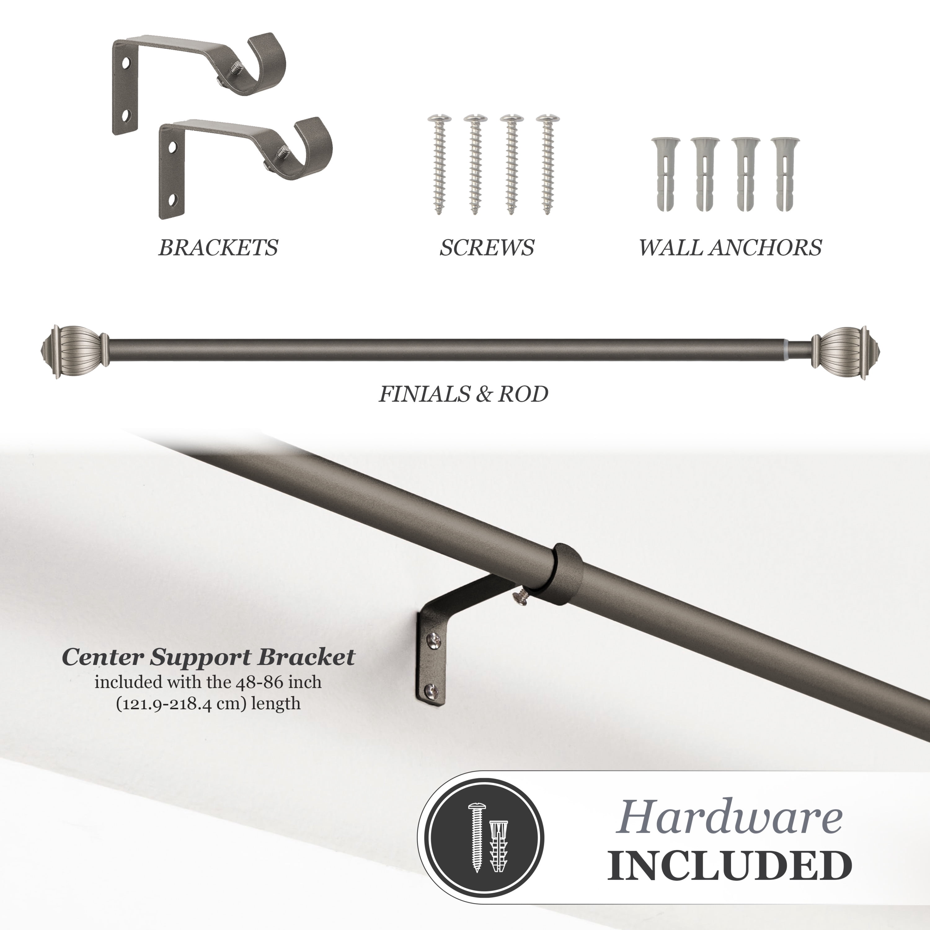 Kenney® Beckett 5/8" Standard Decorative Window Curtain Rod, 28-48", Pewter