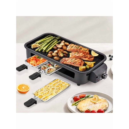 Indoor Electric Smokeless Grill and Griddle, 1700W Non-Stick BBQ Grill with Removable Plates and 3 Mini Raclette Pans for Indoor Korean BBQ Cooking, Black