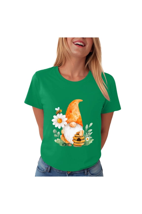 Gnome T-Shirt for Women Floral Graphic Tees Cute Gnome Short Sleeve Tee Tops 2026 Summer (Green, L)