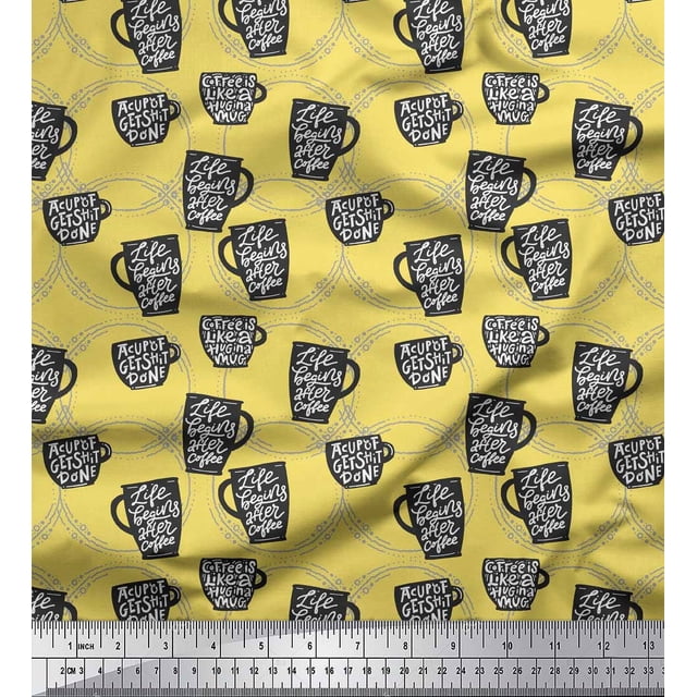 Soimoi Yellow polyester Crepe Fabric Life Begins After Coffee Text Print Fabric by the Yard 52 Inch Wide