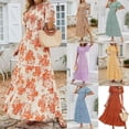 thumbnail image 4 of Women's 2026 Summer Casual Boho Floral Print Short Flutter Sleeve Crew Neck Smocked High Waist Smocked Flowy Long Maxi Dress, 4 of 5