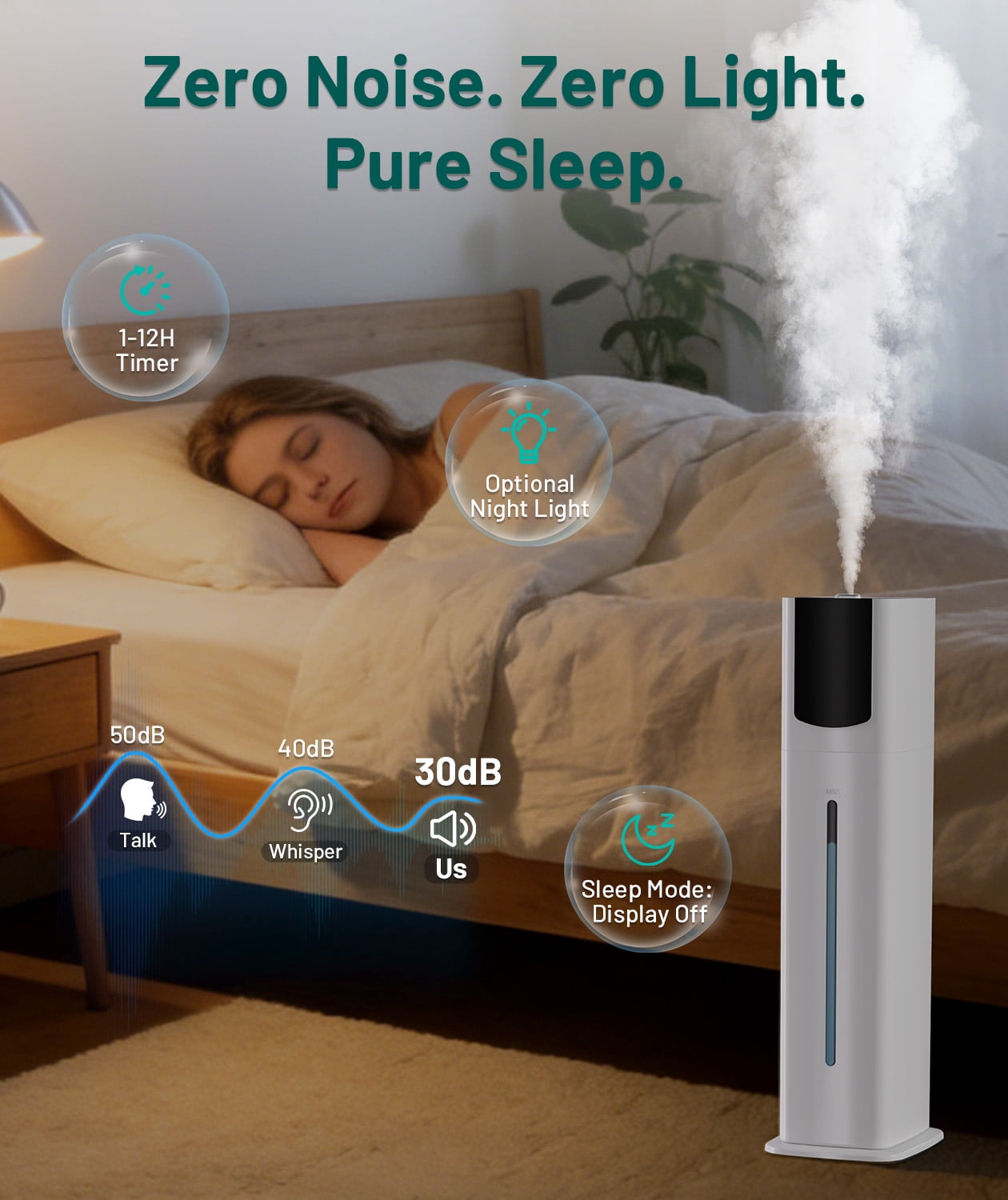 Dhole 9L Cool Mist Humidifier for Bedroom Ultra Quiet, 55+ Hours, Energy Efficient, Auto Shut-Off, Sleep Mode with Night Light for Baby Nursery, Home - Perfect for Large Rooms