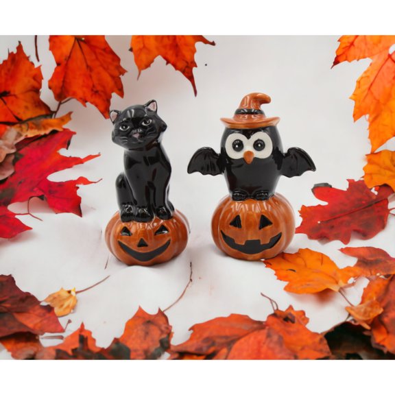 Ceramic Black Owl Black Cat Pumpkin Salt and Pepper Set Fall Gift