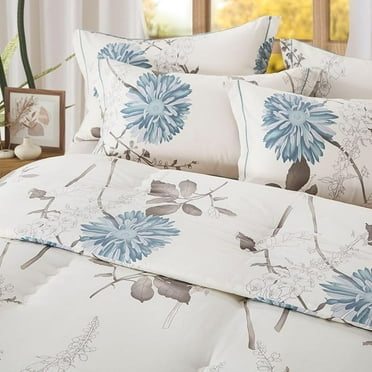 Botanical Comforter Queen Size Set-100% Cotton Fabric, Brown Branches and Blue Flowers Off-White Bedding Set, Lightweight and Soft Comforter Set, 3 Pcs(1 Comforter and 2 Pillow Shams) ﻿