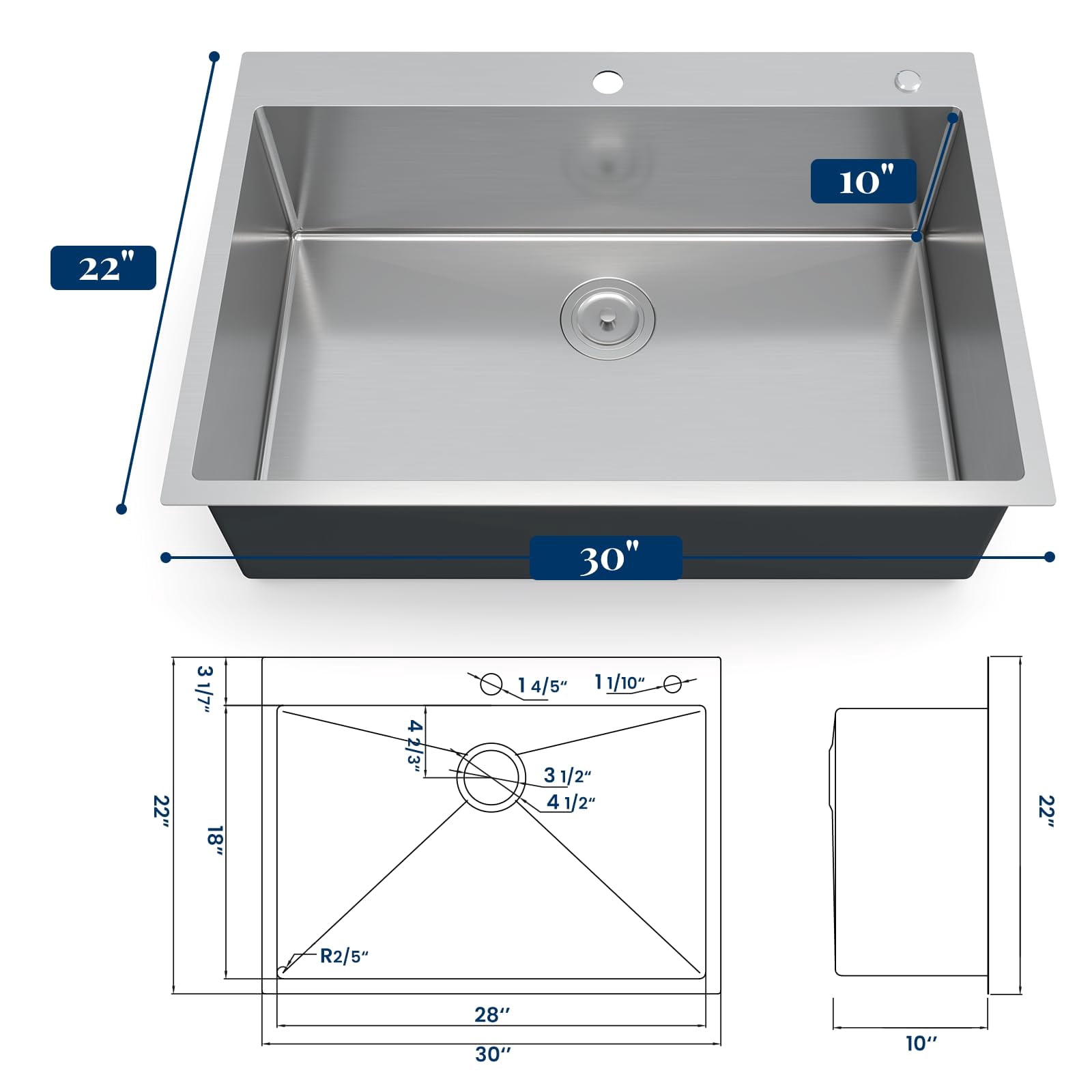 30 X 22 X 10 Inch Drop-In Kitchen Sink, 304 Stainless Steel Single Bowl, Hand-Welded Top Mount Sink with Drain Basket, Drain Assembly, Bottom Grid, and Roll-Up Rack