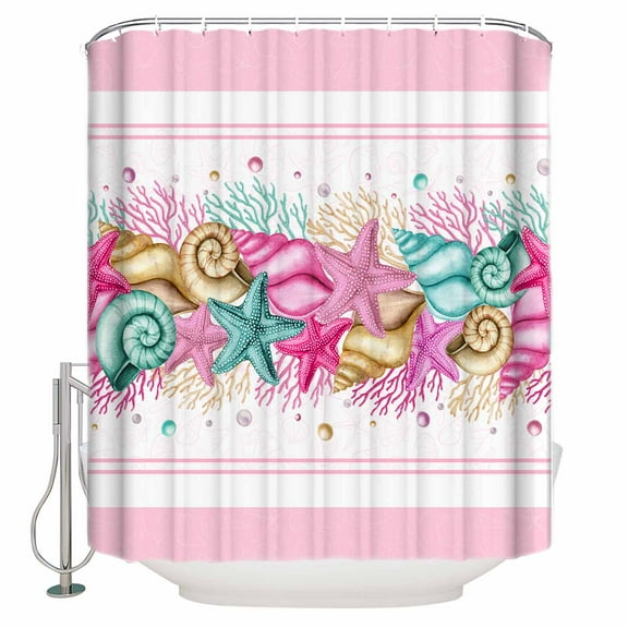 Fabric Shower Curtain, Pink Striped Seashell Starfish Art Pattern Shower Curtains with 12 Hooks Waterproof Machine Washable Bath Curtains for Bathroom,48x 72in