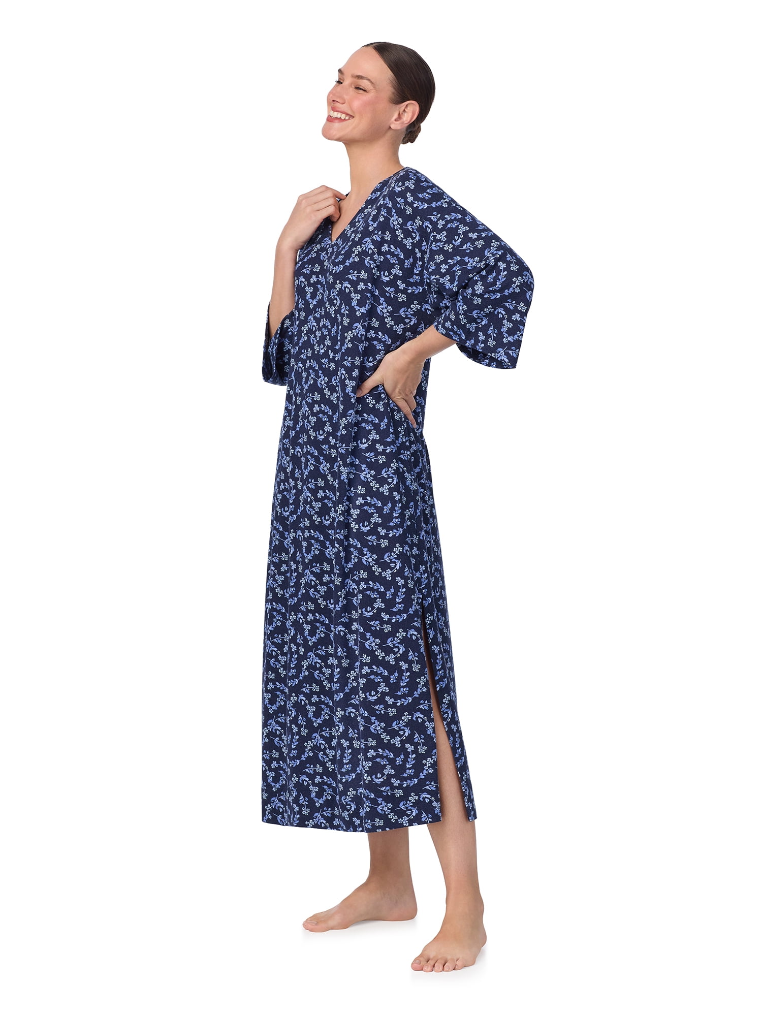Aria Women's Sweater Knit 3/4 Sleeve V-Neck Lounger Nightgown with Pockets, Sizes XS to 5X