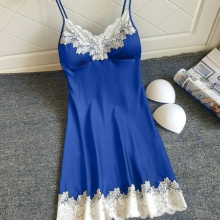 

WGOUP Satin Sleepwear Women Ladies Nightwear Nightdress Sexy Lingerie With Chest Pads Blue(Buy 2 Get 1 Free)