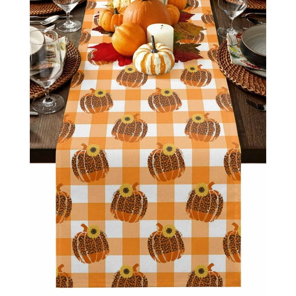 Fall Table Runner Thanksgiving Leopard Print Pumpkin Table Runners Orange Buffalo Plaid Cotton Linen Dresser Scarf Kitchen Dining Table Decor for Fall Holiday Party Decor 13x90 Inch