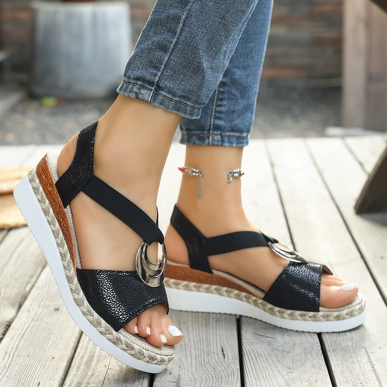 Hewuqi Women's Wedge Sandals Rope Woven Sole Non Slip Elastic Band Heels Comfortable Open Toe Platform Casual Travel Dress Shoes Black Size 6