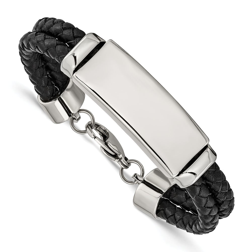 Stainless Steel Polished Black Leather Buckle Clasp Bracelet 