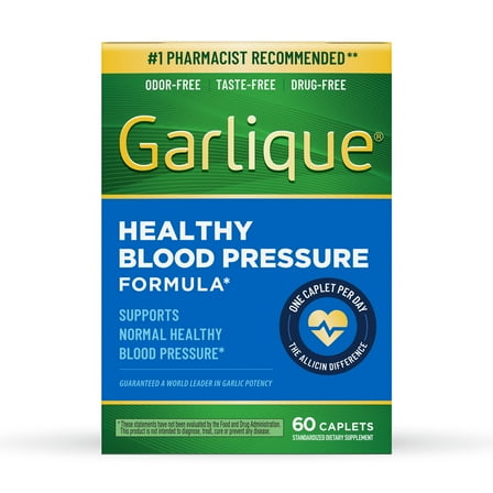 Garlique Garlic Extract Supplement, Healthy Blood Pressure Formula, Odor-Free, Taste-Free, Drug-Free, 60 Caplets