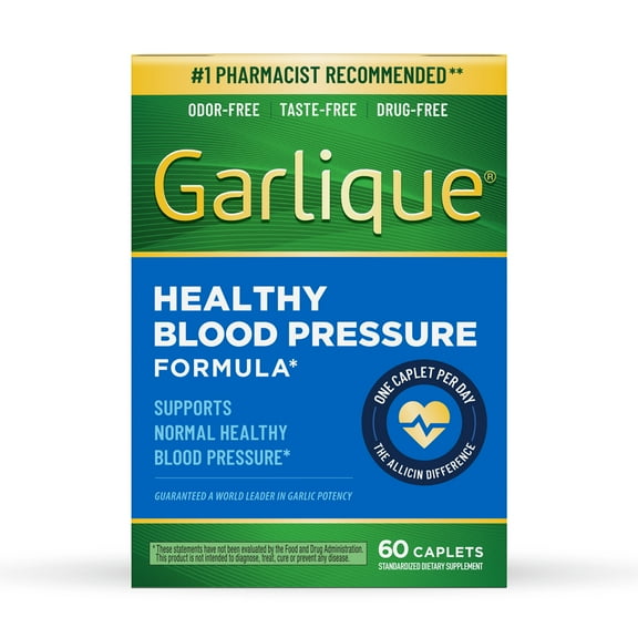 Garlique Garlic Extract Supplement, Healthy Blood Pressure Formula, Odor-Free, Taste-Free, Drug-Free, 60 Caplets