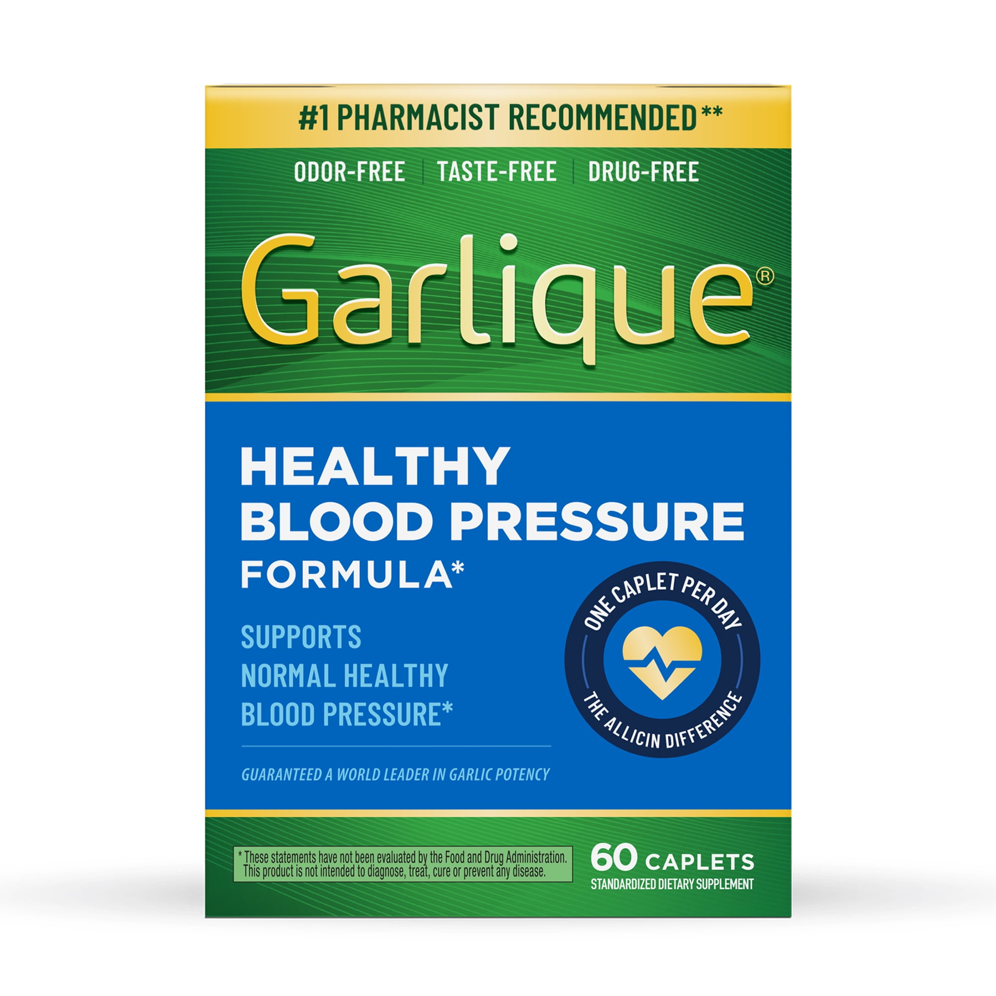 Garlique Garlic Extract Supplement for Healthy Blood Pressure, 60 Caplets, Odorless and Tasteless