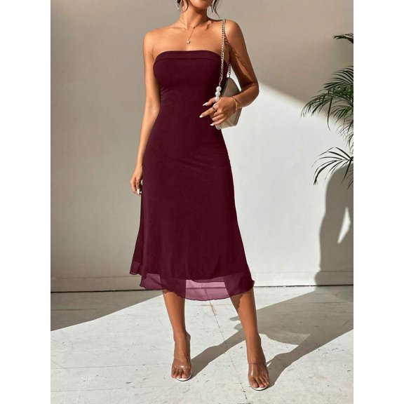 Burgundy Solid Strapless Tube Midi Dress With Sheer Hem, Off-Shoulder Bodycon Summer Dress For Women