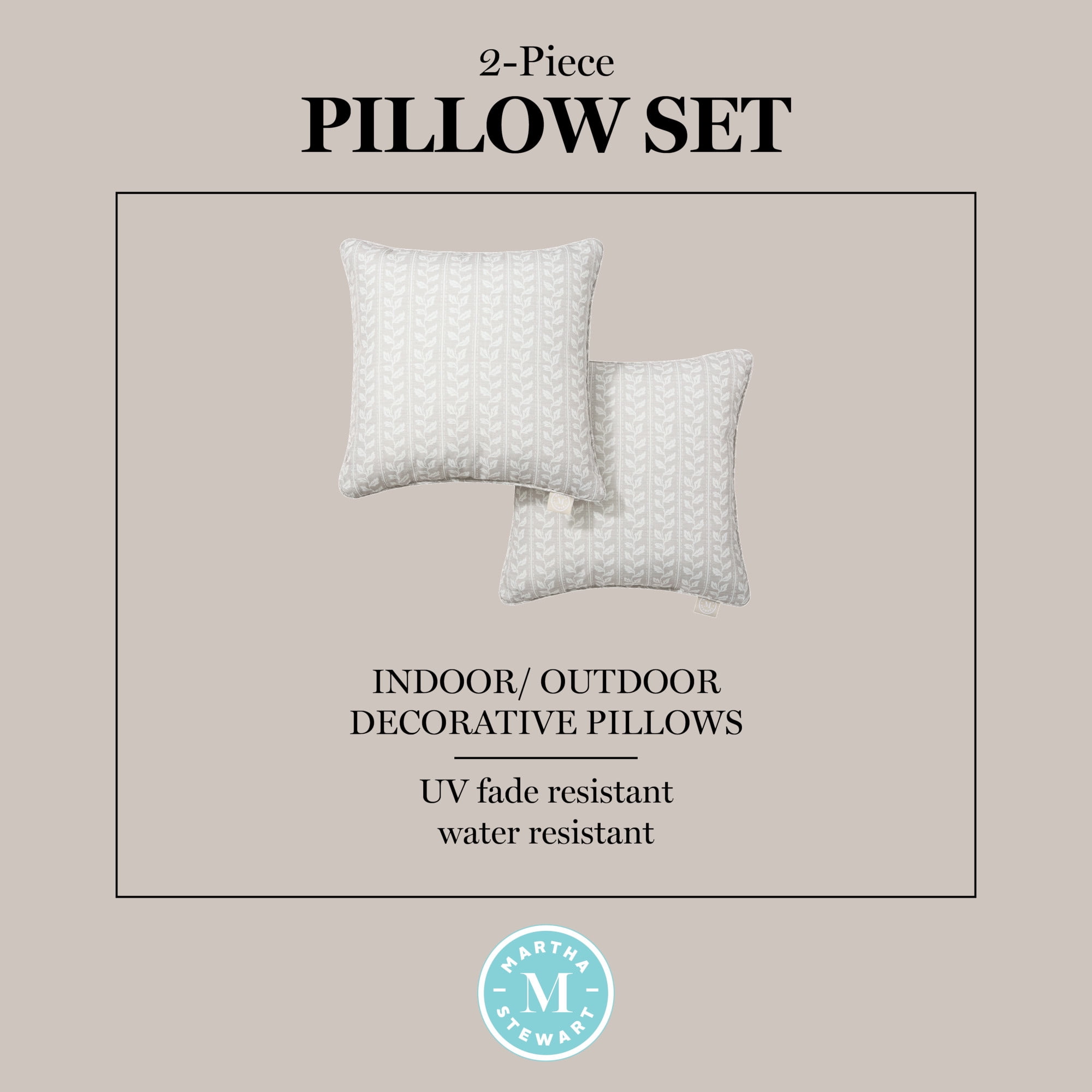 MARTHA STEWART Vineyard Vines Indoor Outdoor Decorative Pillow 2-Pack Set, UV Fade Resistant, Water Repellent, Printed Garden Design, Warm Grey, 18"x18"