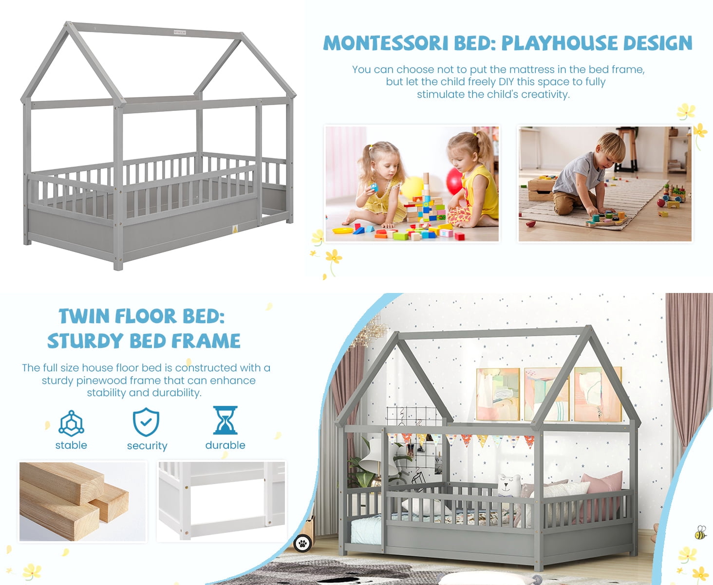 Bellemave Full Size House Floor Bed with High Fence Guardrails Wooden Playhouse Bed Frame  Floor Bed with Roof Montessori House Bed Frame, (Full, Gray)