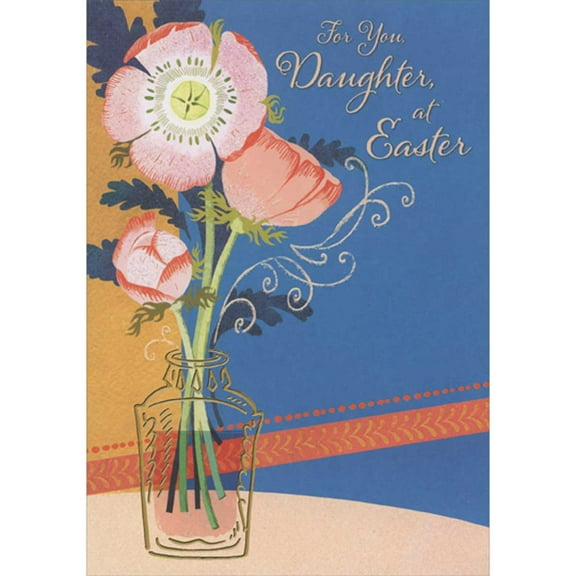 Designer Greetings 3 Sparkling Light Red Flowers in Gold Foil Outlined Vase on Blue and Orange Background Easter Card for Daughter