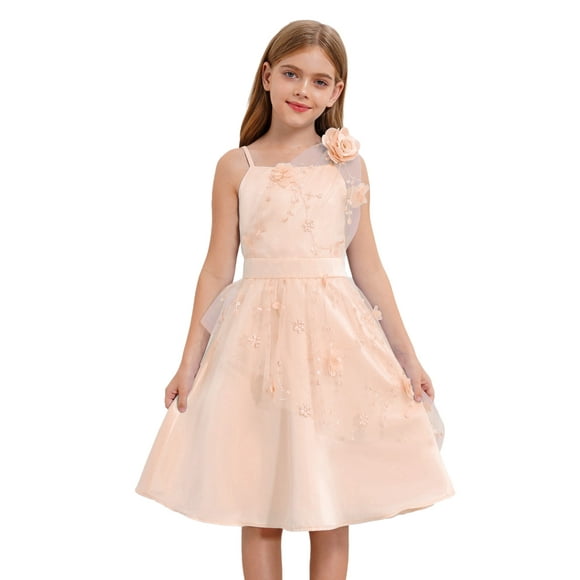 Xnihocha Kids Girls Formal Dress Flower Embroidery Straps Mesh Tulle Wedding Formal Birthday Dresses Apricot 8
