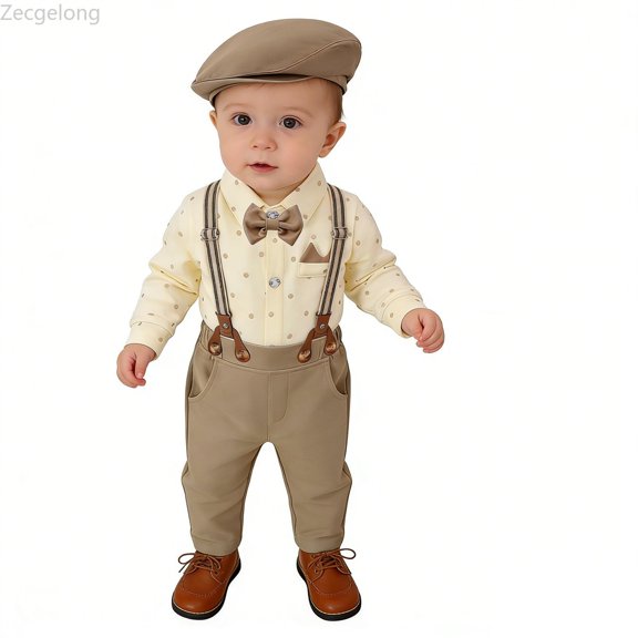 Zecgelong Baby Boy Formal Outfit Soft Romper Suspender Pants Bowtie Wedding Birthday Party Suit for Boys 0-3 Months