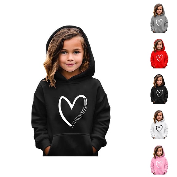 Girls Cute Hoodies Casual Long Sleeve Heart Graphic Hooded Sweatshirt with Pockets Kids Pullover Tops