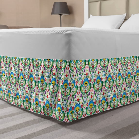 Norwegian Bed Skirt, Colorful Pattern of European Folk Art Hues and Strokes Ornaments with Details, Elastic Bedskirt Dust Ruffle Wrap Around for Bedding Decor, 4 Sizes, Multicolor, by Ambesonne