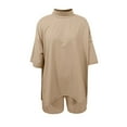 thumbnail image 4 of Shirt And Shorts Set Women Short Sleeve Solid Crew Neck Side Slit Loose T Shirt Shorts Matching Set Summer Outfits For Women Khaki M, 4 of 4