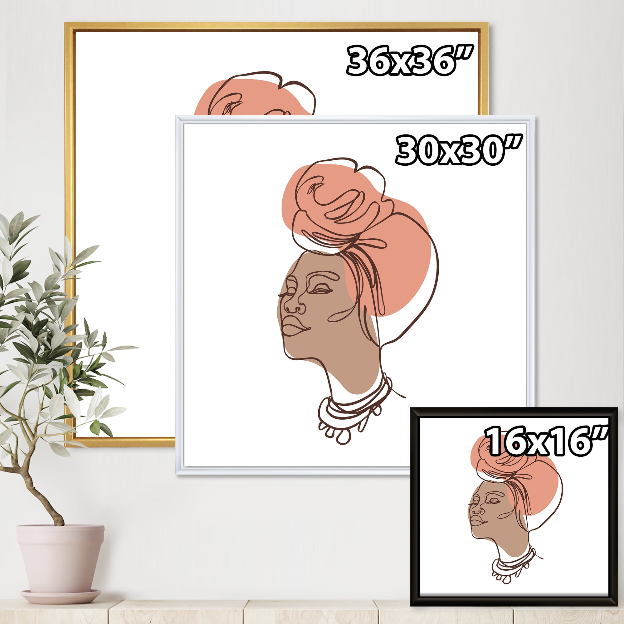 Designart 'One Line Portrait of Afro American Woman IV' Modern Framed Canvas Wall Art Print