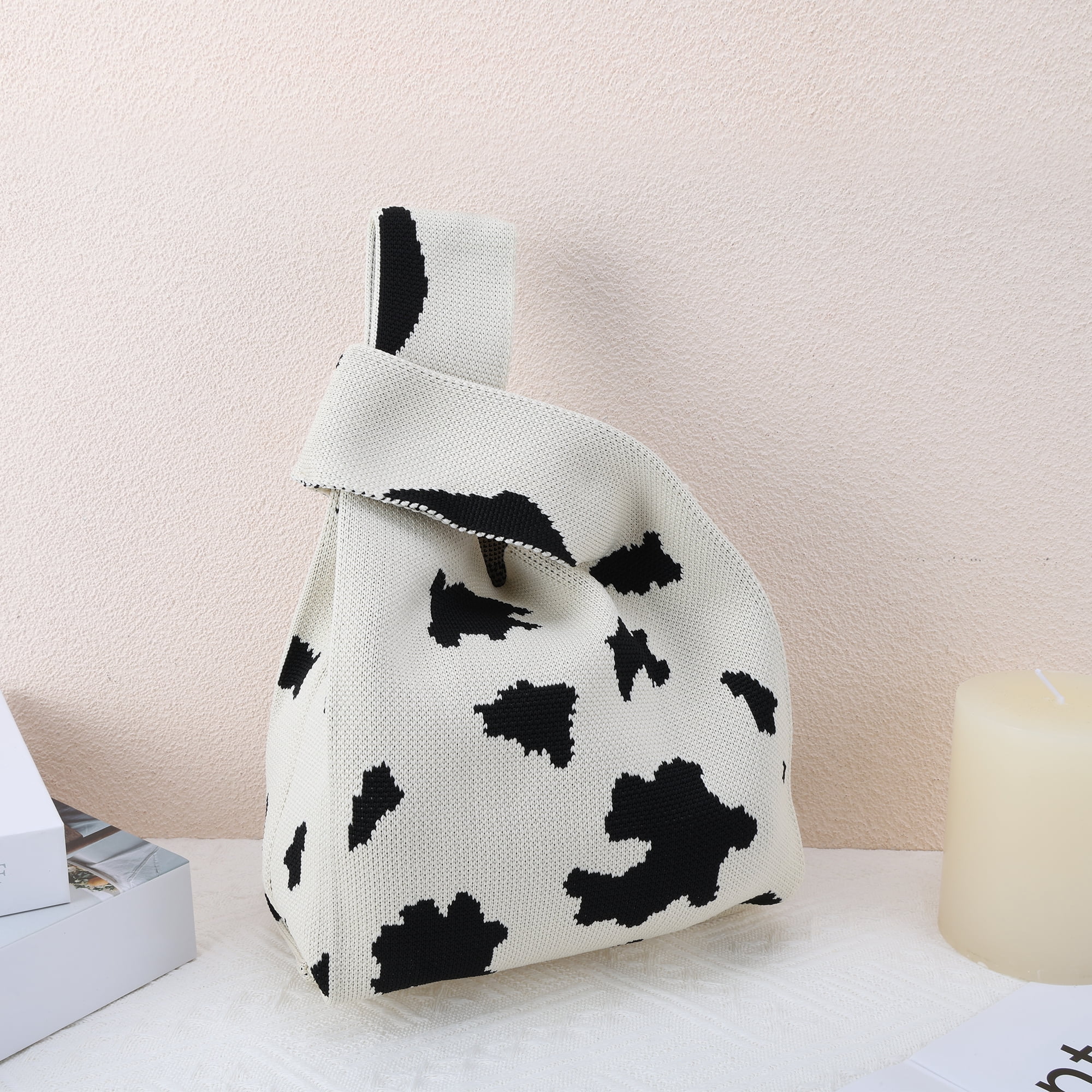 Unique Bargains Cow Pattern Knitted Wrist Bag Beige Black 1 Pc