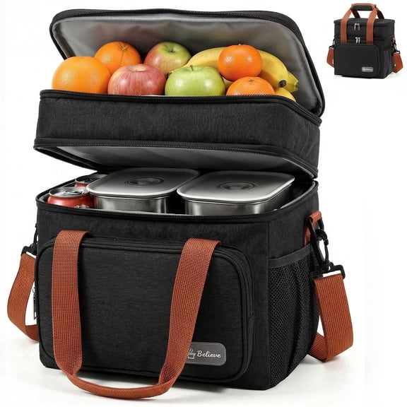 Insulated Lunch Bag & Lunch Box for Men - Double Deck Reusable Lunch Bag for Women Tote Cooler Bag Leakproof Soft Expandable - Large Lunchbox for Work/Adult/Picnic/Outdoor (Black-15L)