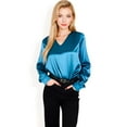 thumbnail image 2 of Women's Satin Long Sleeve V-Neck Blouse with Cuffed Sleeves - X Large, Teal, 2 of 7