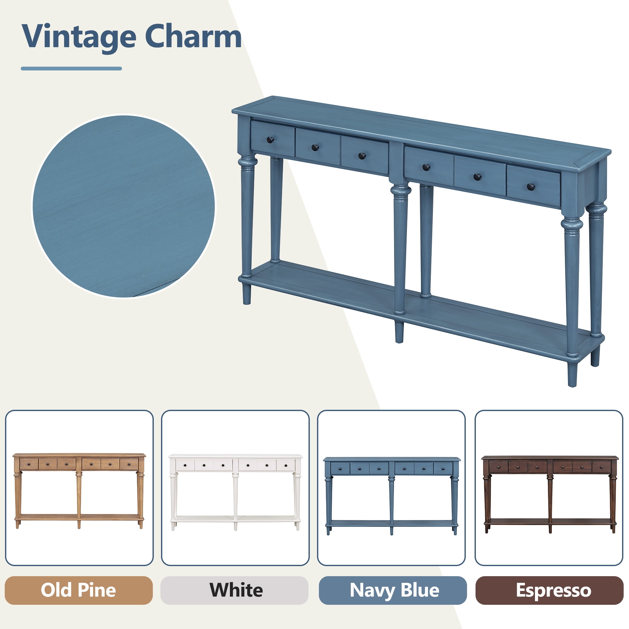 MAYEERTY Vintage Console Table with 4 Drawers, Entryway Table with Open Shelf for Hallway & Living Room, Navy Blue