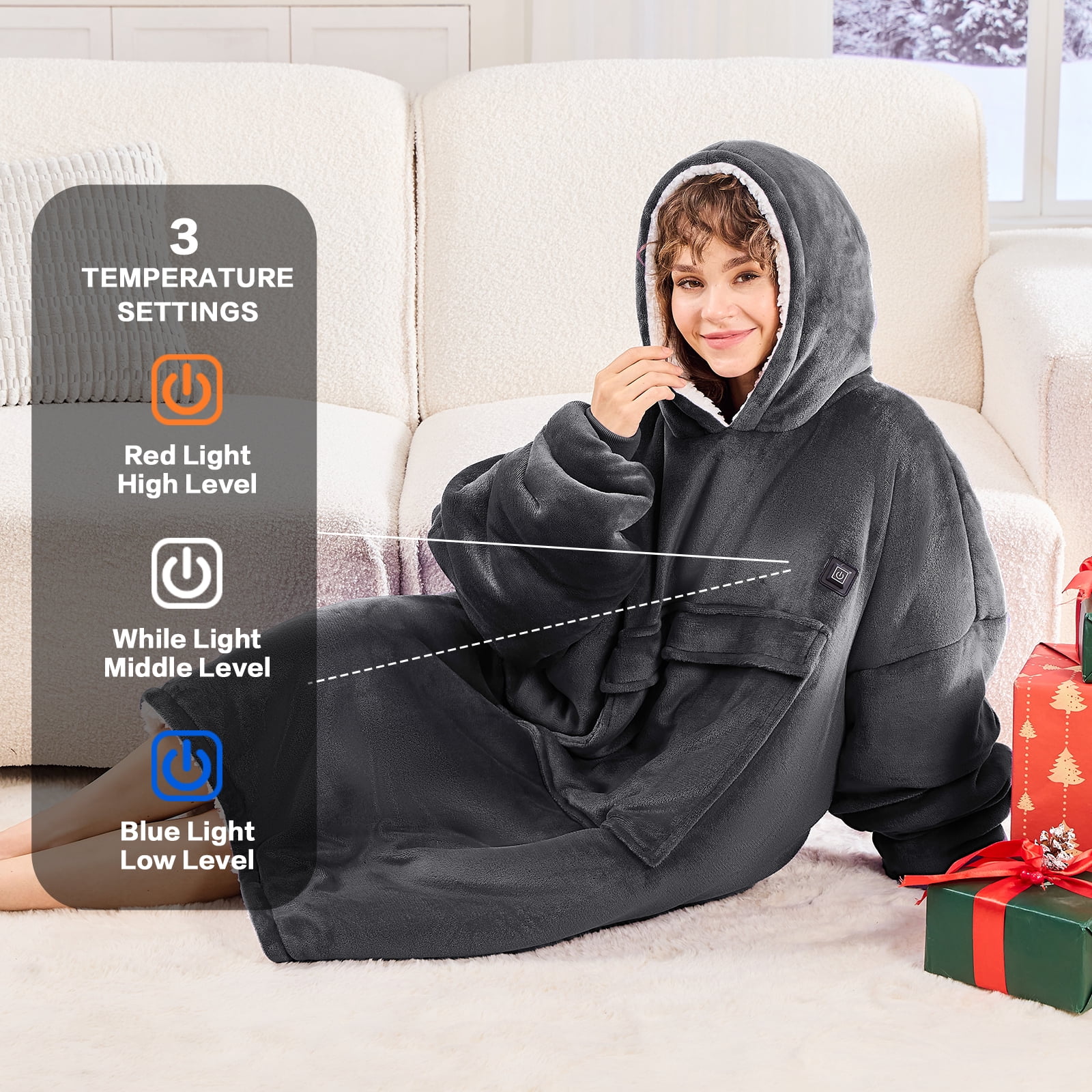 PMONPA Heated Wearable Blanket, Oversized Wearable Heated Blanket for Adult Extra Long Version, Sherpa Fleece Blanket Hoodie, One Size, Grey