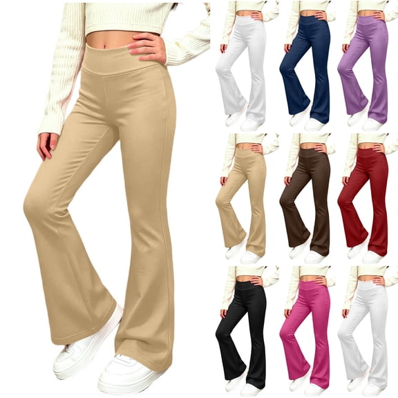 High Waist Flared Pants For Girls Spring Fall Casual Fashion Versatile Trousers Wide Leg Solid Color Pant (14-15 Years, Khaki)