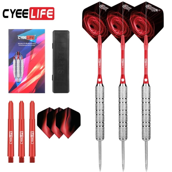 CyeeLife 18g Steel Tip Darts Set with Case, Red Aluminum & PC Shafts, Extra Red PET Dart Flights