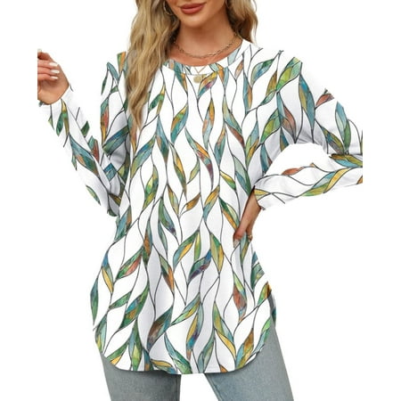 Ronuti Long Sleeve Shirts for Women Crewneck Basic Loose Tunic Tops Floral Beach Vacation Clothes