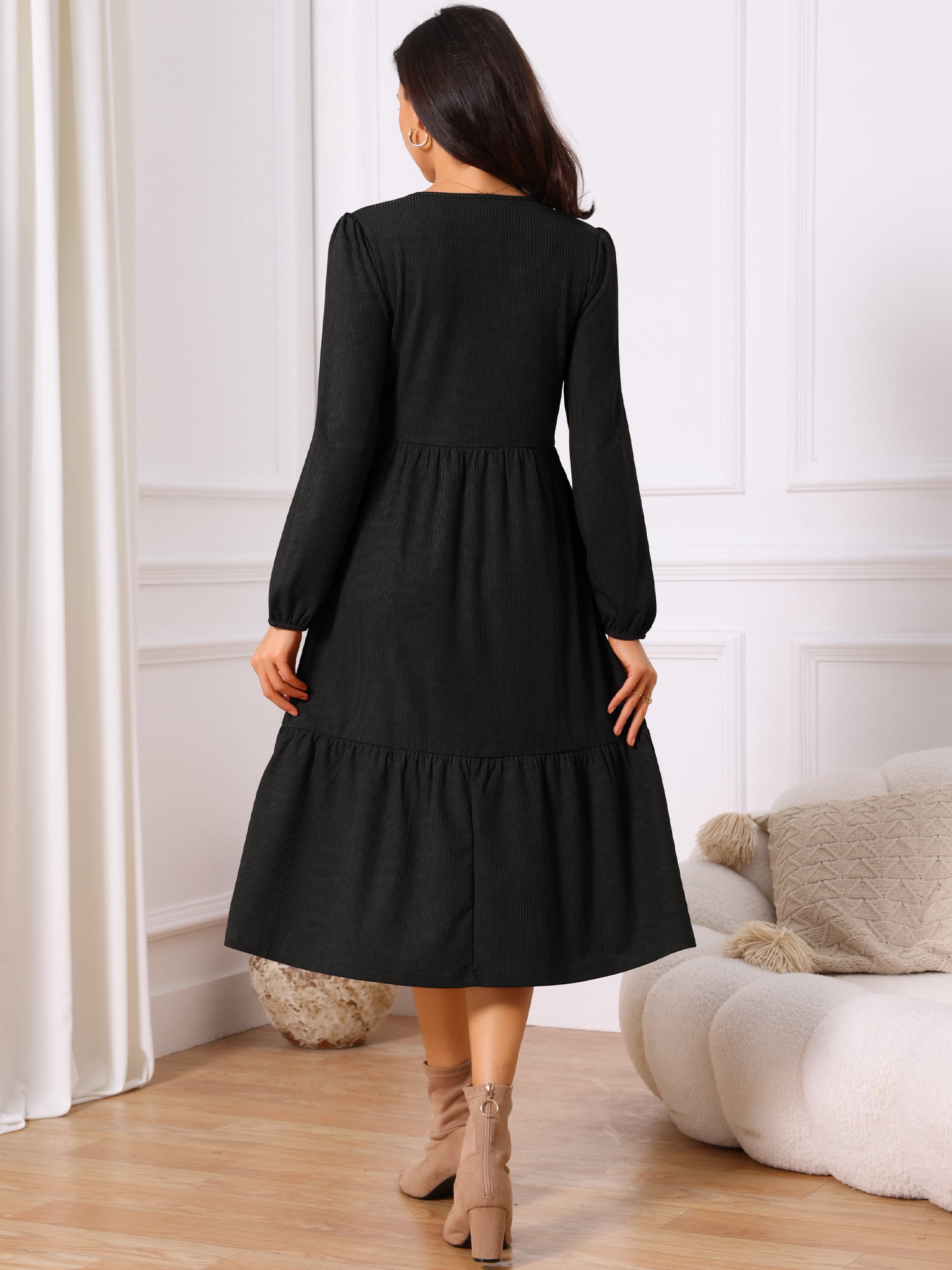 DARING DIVA Tiered Long Sleeve Round Neck Knit A-Line Midi Dress L Black