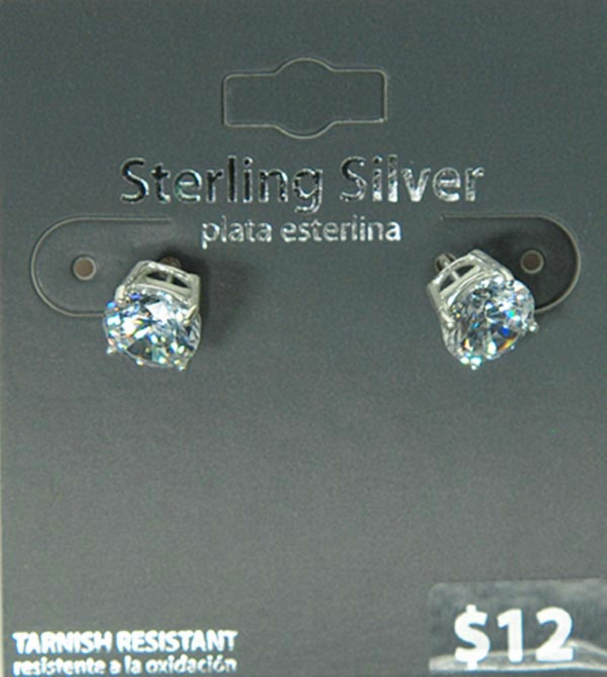 White CZ Sterling Silver Round Stud Earrings, 8mm