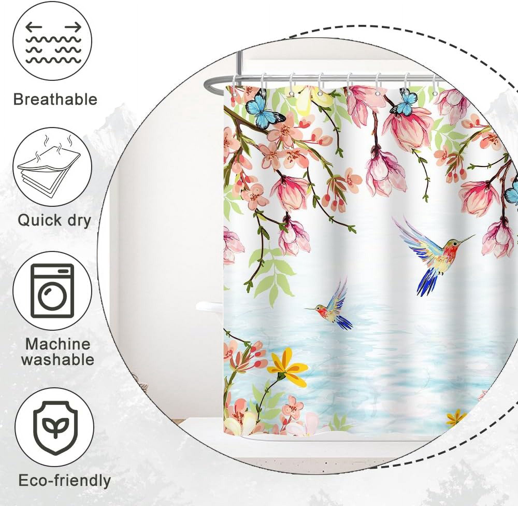 Spring Floral Shower Curtain, Colorful Humingbird Shower Curtain for Bathroom Pink Flower with Butterfly Fabric Shower Curtain Set with Hooks, 72x72 Inch