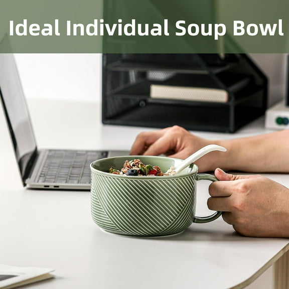 38 Ounce Oversized Ceramic Soup Bowl with Handle & Spoon - Green, 6 Inch, Microwave Safe