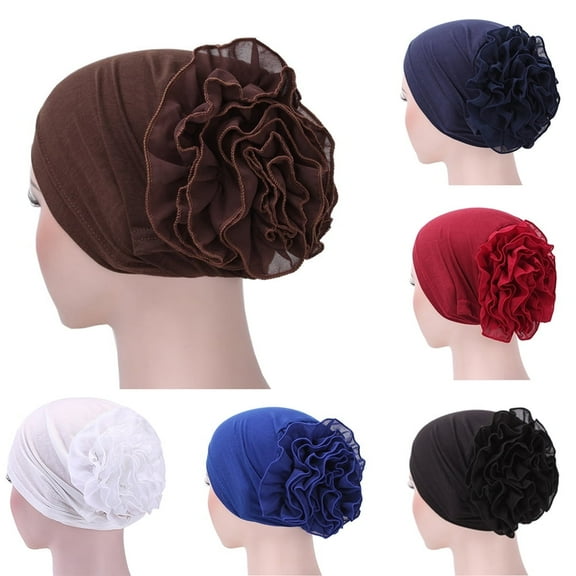 Yoyauz Women Big Flowers Solid Ruffle Cancer Chemo Elegant Hat Beanie Turban African Head Scarf Wrap Cap