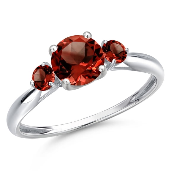 Gem Stone King 10K White Gold Red Garnet 3-Stone Ring for Women | 1.30 Cttw | Round 6MM | Gemstone January Birthstone | Size 8