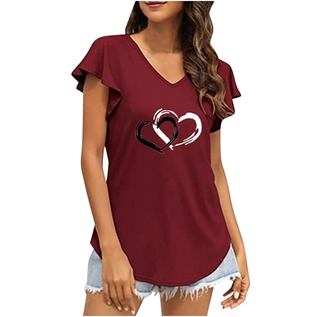 Moda mujer Casual volantes manga corta Irregular cuello en V impreso Tops blusa camisetas Pompotops hkajfhjk470454